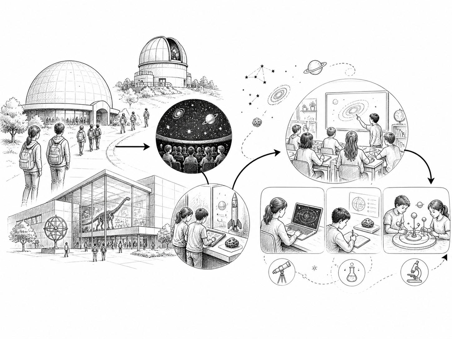 Fine-Liner-Illustration eines Planetariums, einer Sternwarte und einer Schulklasse