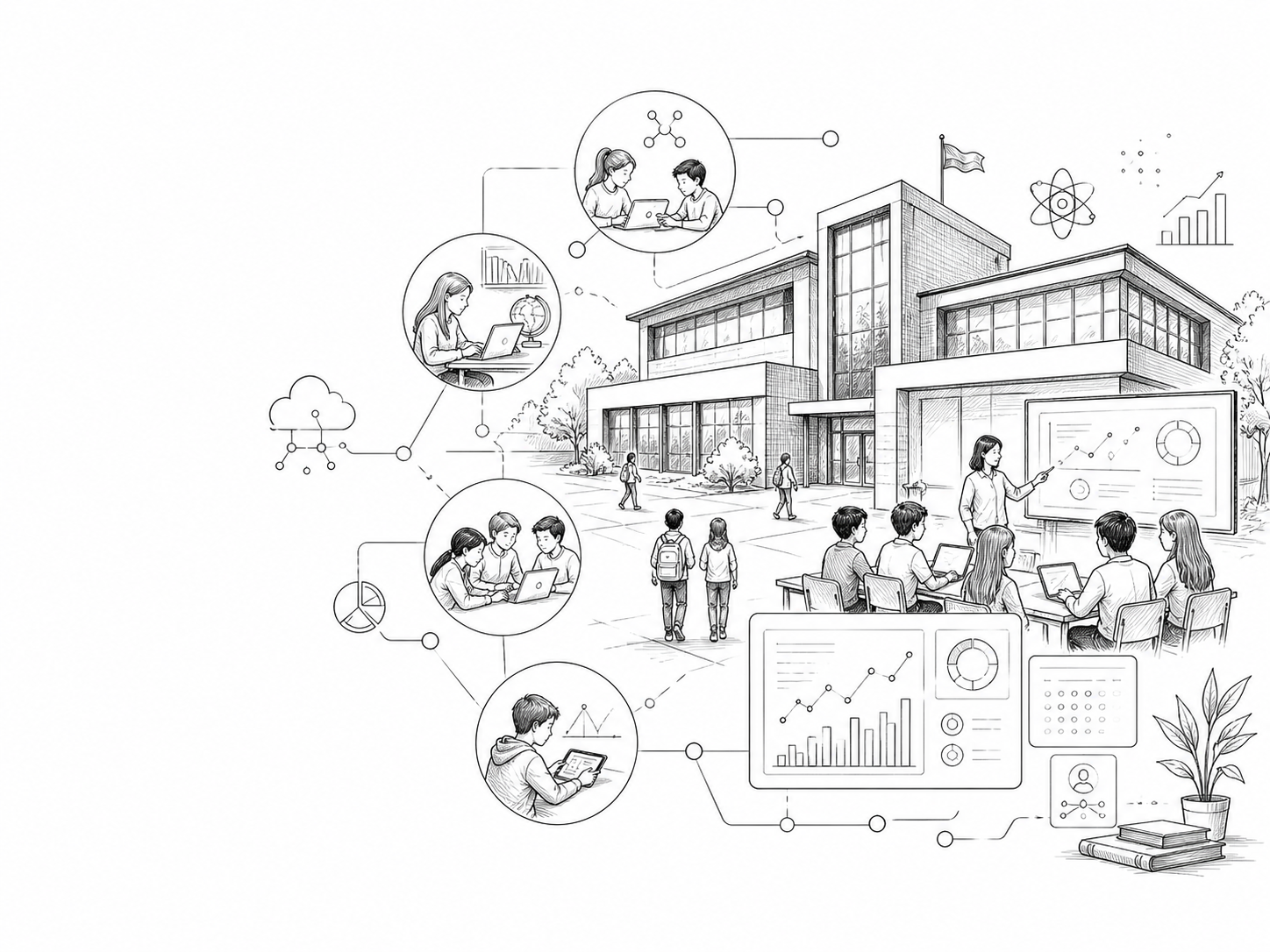 Fine-Liner-Illustration einer Schule mit vernetzten Lerngruppen und Lernmodulen
